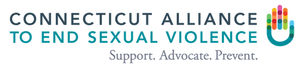 Connecticut Alliance to End Sexual Violence. Support. Advocate. Prevent. An icon of a hand that features a rainbow of colors.