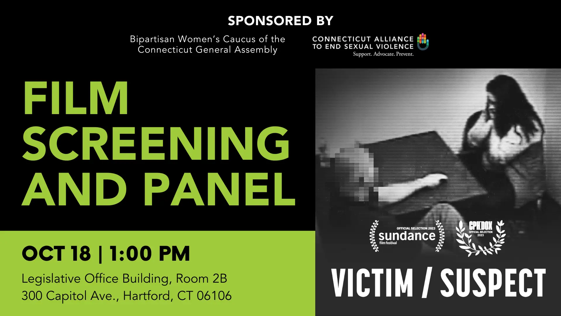 Film Screening and Panel in large text. To the right is an image from the film of a woman sitting at a table. Underneath are the laurels from two film festivals.